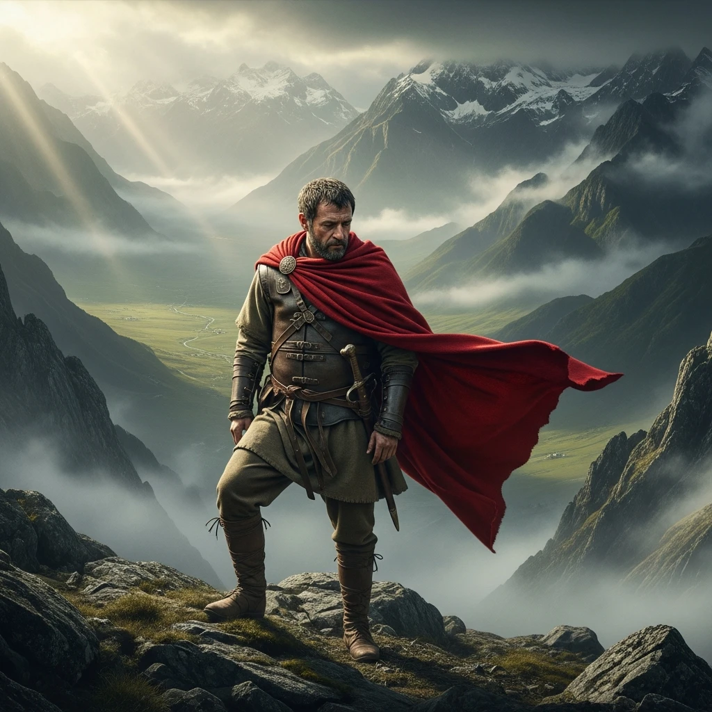 A dramatic scene of a military commander overlooking misty mountains, symbolizing Hannibal's crossing of the Alps.