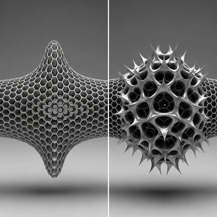 A side-by-side comparison showing a normal hexagonal grid thinning and an auxetic grid thickening when stretched.