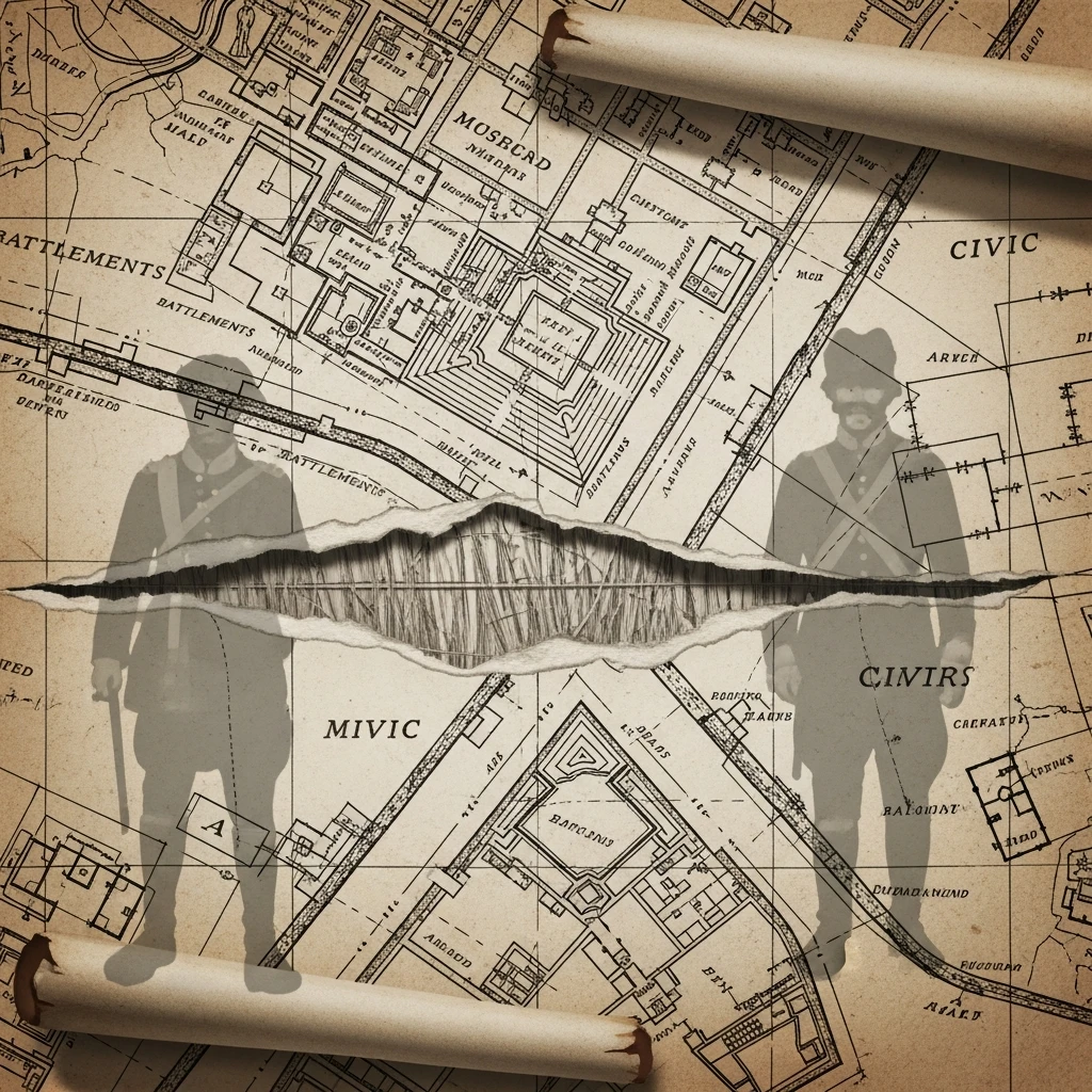 A torn ancient blueprint symbolizing the separation between Carthage’s military and civilian institutions.