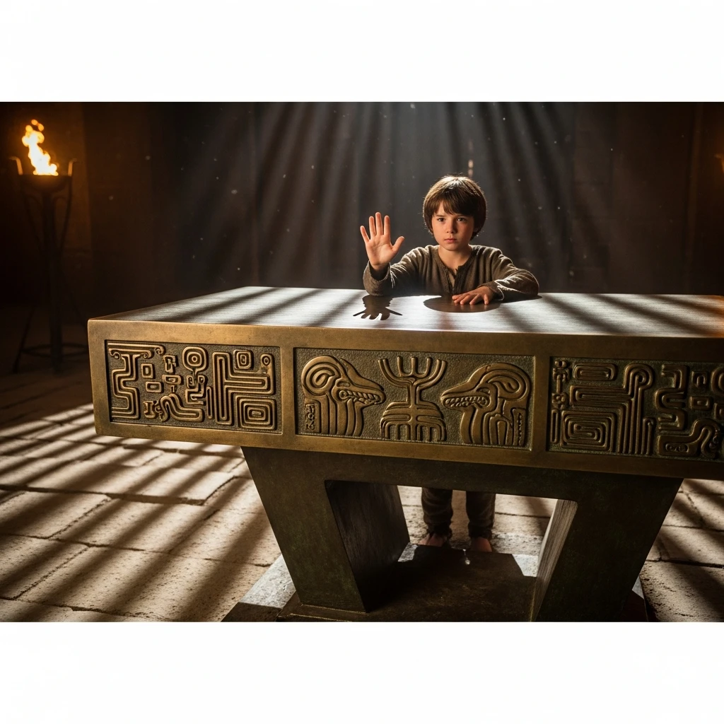Dramatic, torchlit scene of a boy putting his hand on an altar, symbolizing the oath against Rome.