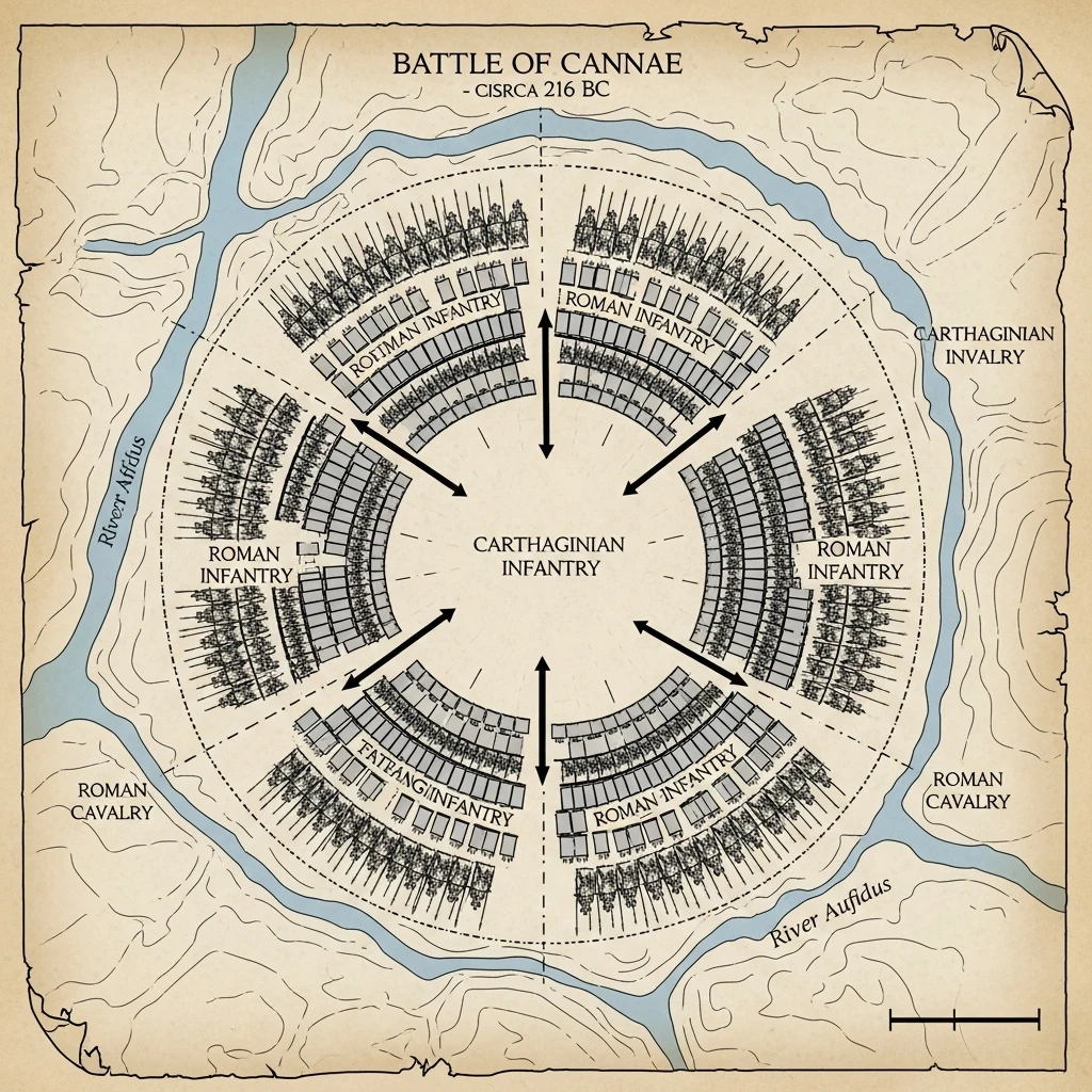 A map-like diagram showing military formations at Cannae: red lines (Romans) pushed into a blue crescent (Carthaginians), with flanking maneuvers completing the encirclement.