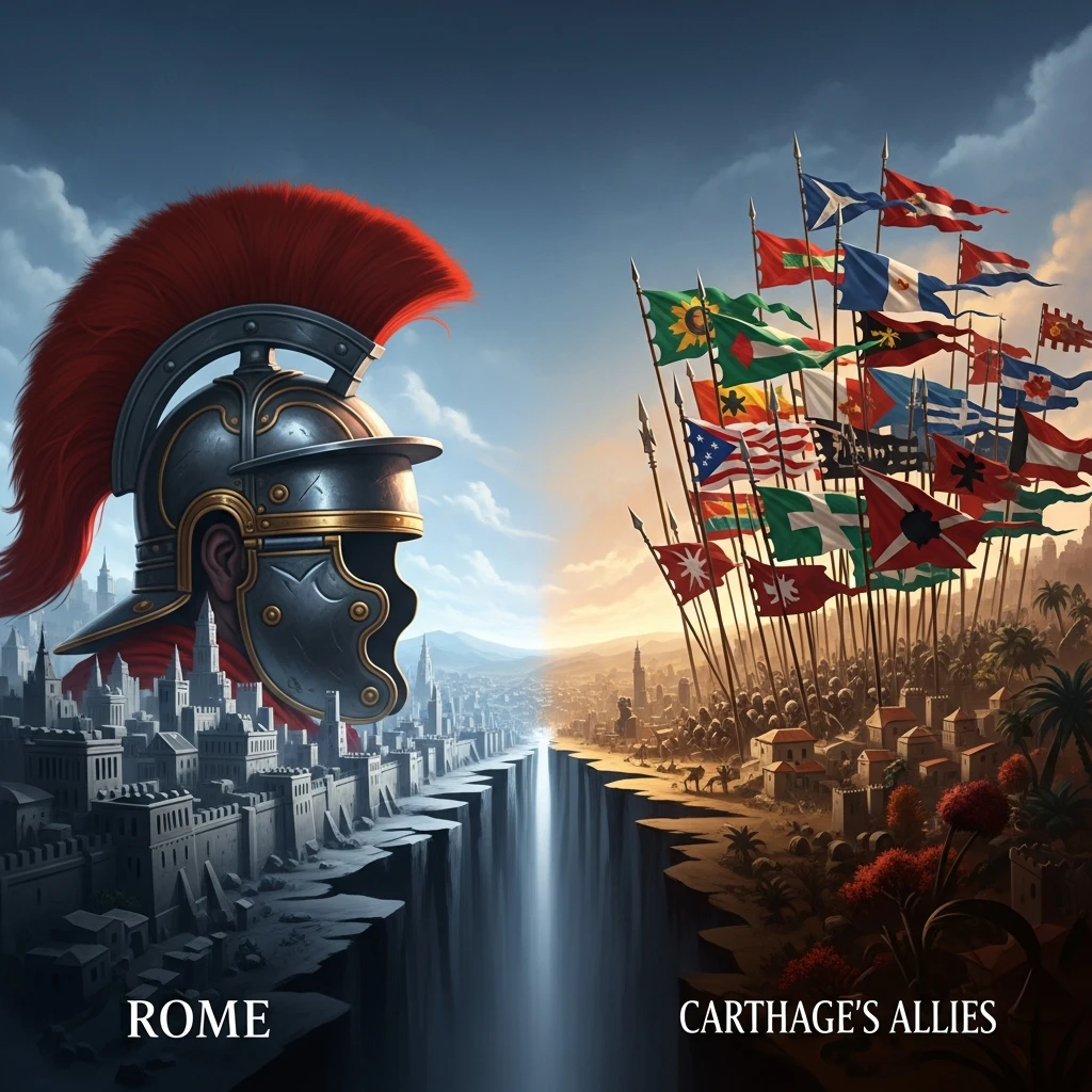 Conceptual artwork showing a large, cohesive Roman unit facing a diverse, loosely connected Carthaginian army composed of many different allied groups.