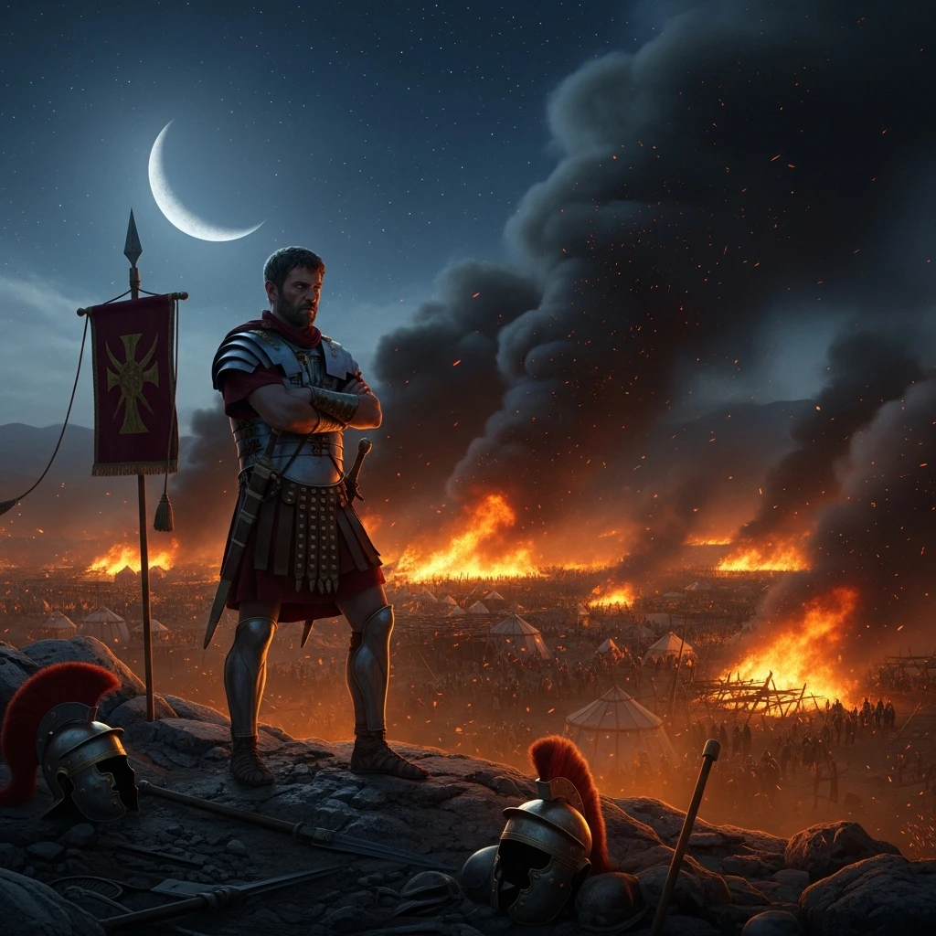 Cinematic scene of a Roman general (Scipio) watching huge fires burn in the distance at night.