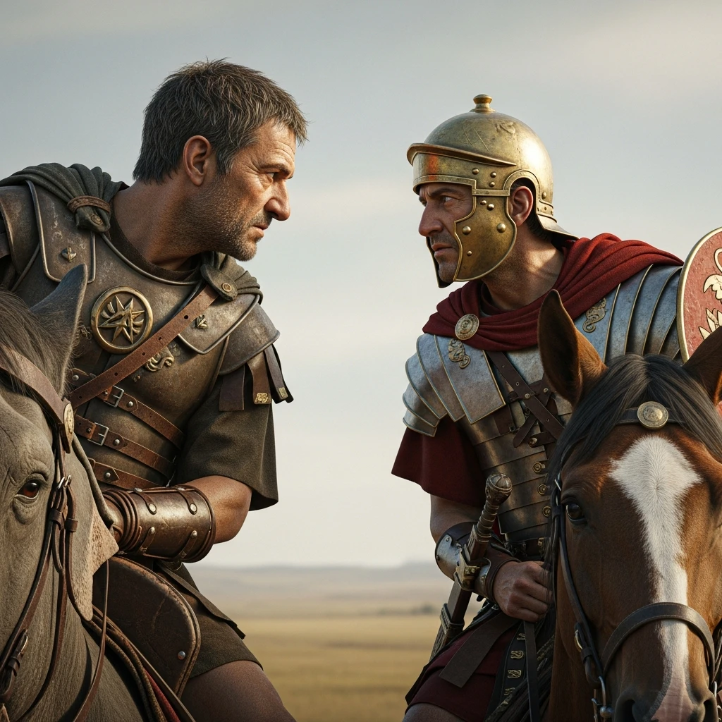 Detailed photorealistic image of two ancient generals meeting on horseback on a dusty plain.