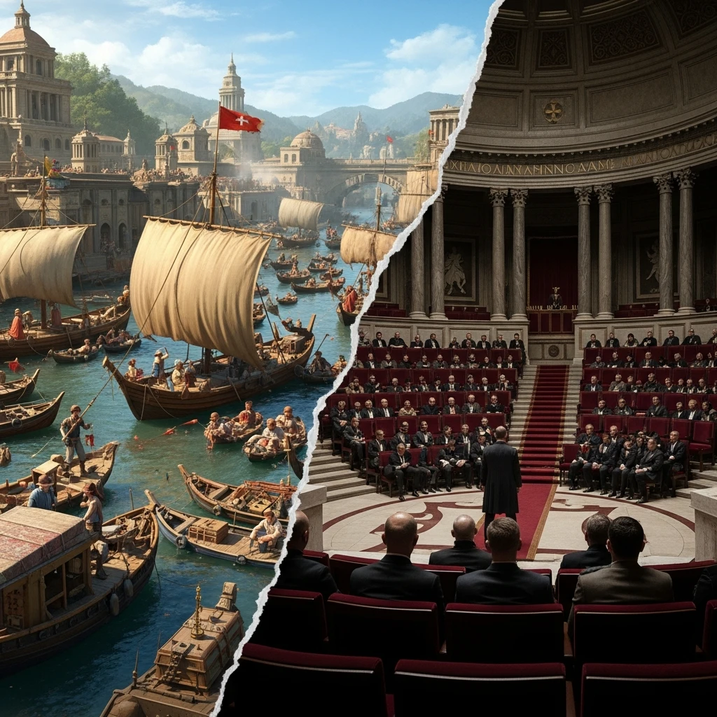 A split-screen image contrasting a bustling Carthaginian marketplace with a solemn Roman senate session.