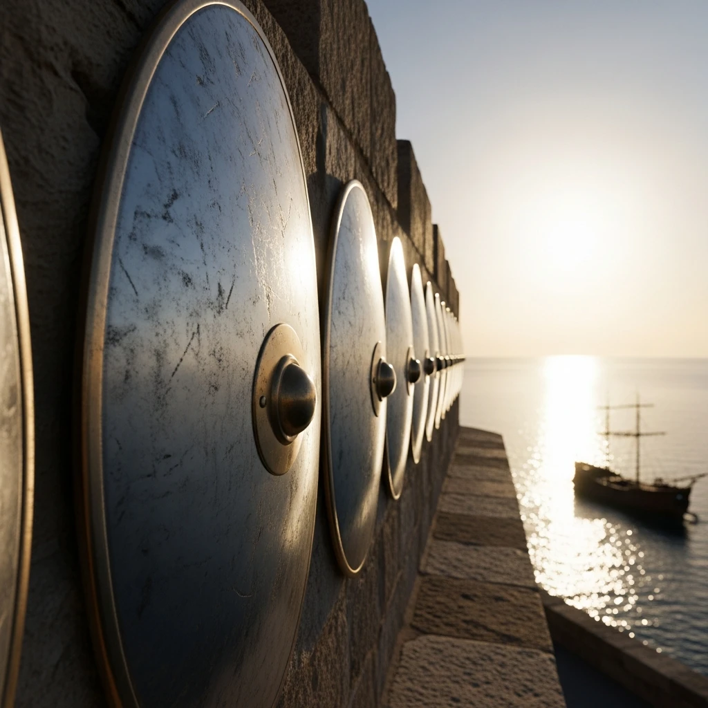 Polished bronze mirrors focusing intense sunlight onto a wooden ship on the sea as a heat ray weapon.