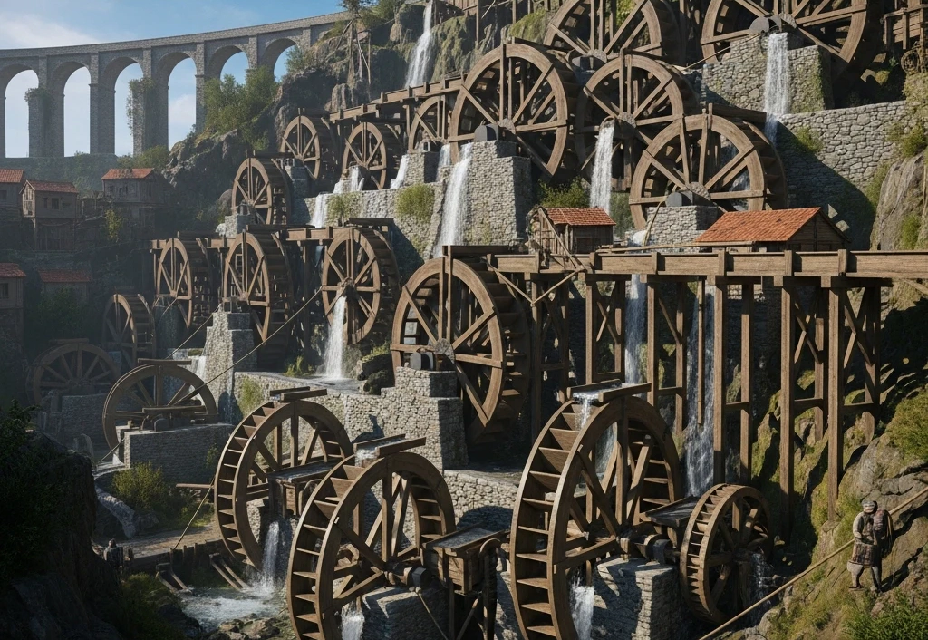 Detailed view of multiple interconnected, cascading wooden water wheels running down a hillside, representing industrial automation.