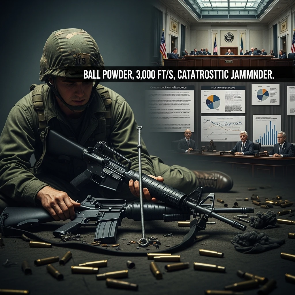 American soldier in Vietnam attempting to clear jammed M16