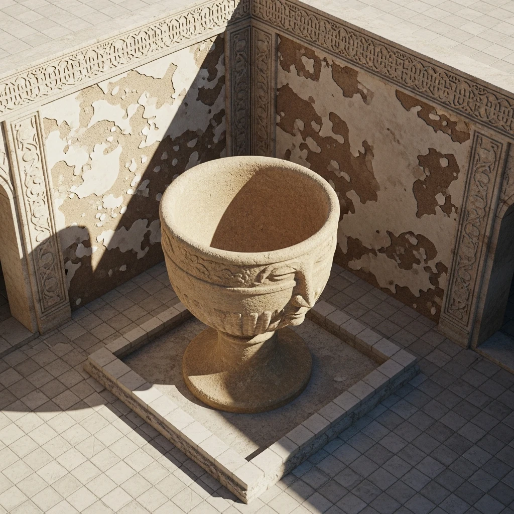 Overhead view of a large, reused Roman stone basin in the courtyard of an Islamic palace.