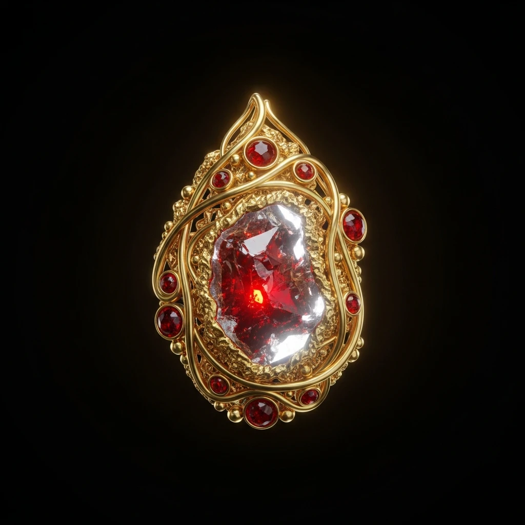 Image of a stylized 7th-century gold and garnet pendant, emphasizing its central crystal element.