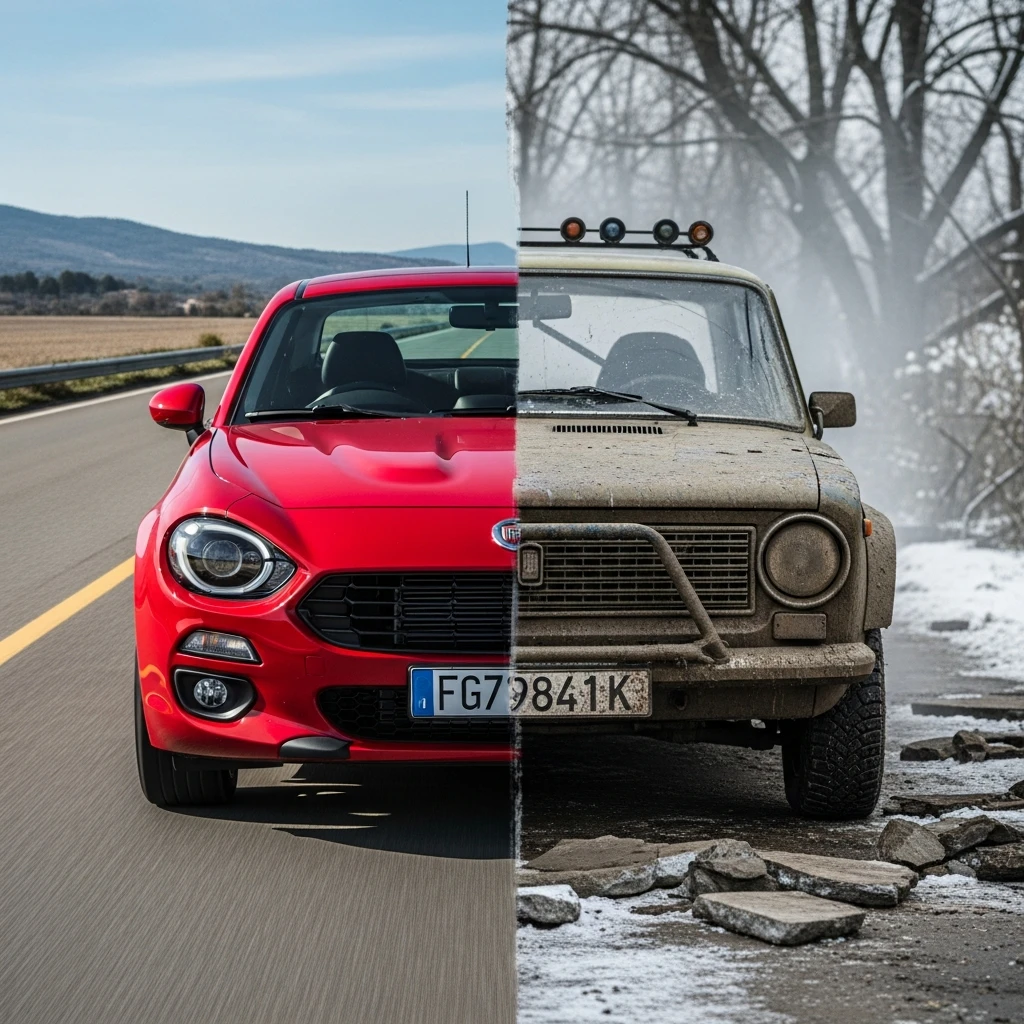 A split image showing a clean Fiat and a rugged, identical Lada on broken roads, illustrating adaptation.