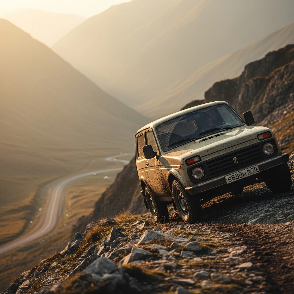 A muddy Lada Niva atop a mountain peak, overlooking a vast, empty landscape below.