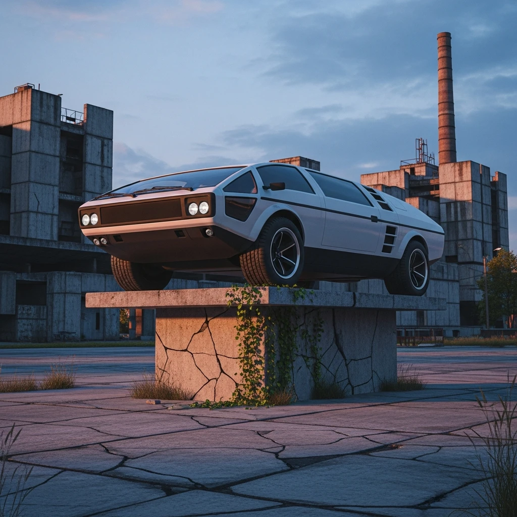 An abandoned, futuristic concept truck on a pedestal outside a ruined factory.
