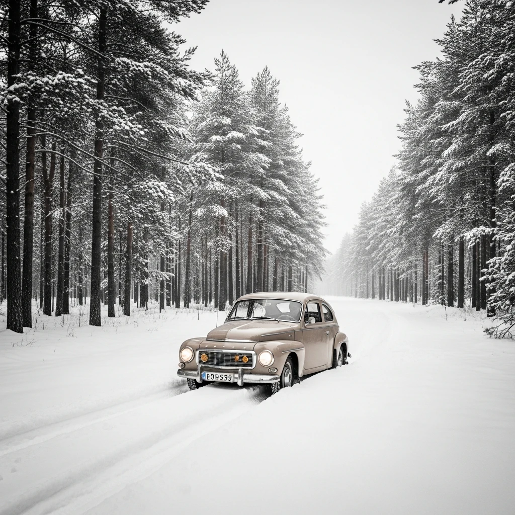 A classic Volvo car driving down a snow-covered road through a dense, winter forest.