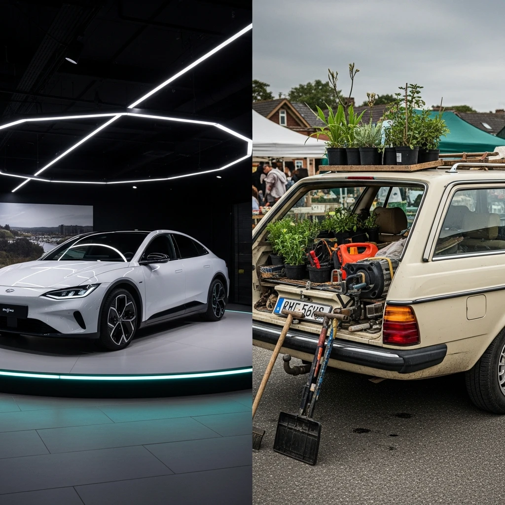 A diptych contrasting a new electric car in a showroom with a well-used classic estate car at a rustic market.