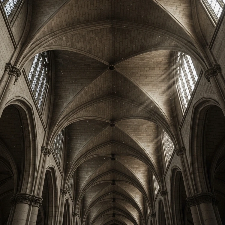 An upward interior view of the complex stone rib vaults of a medieval cathedral.