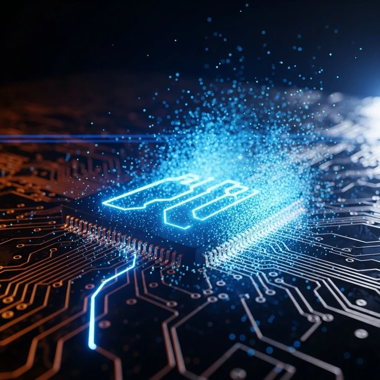 A conceptual image of a computer circuit board dissolving into digital pixels and dust.