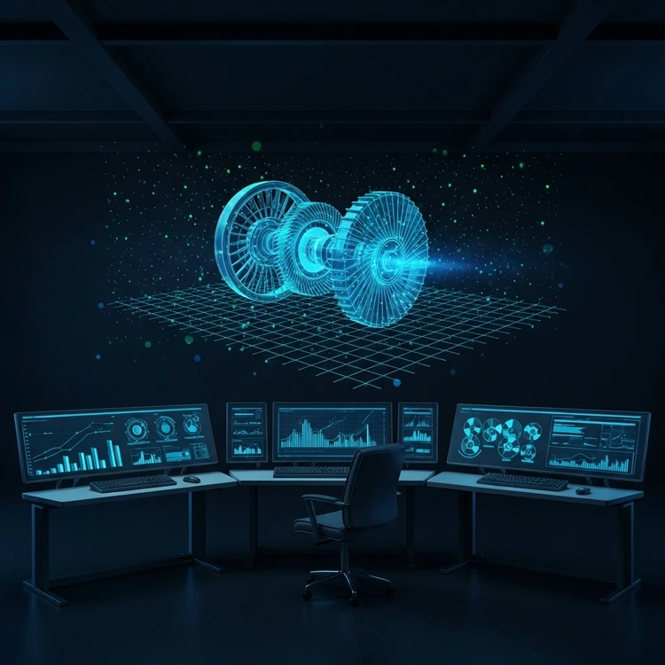 A high-tech holographic projection of a mechanical engine in a dark control room.