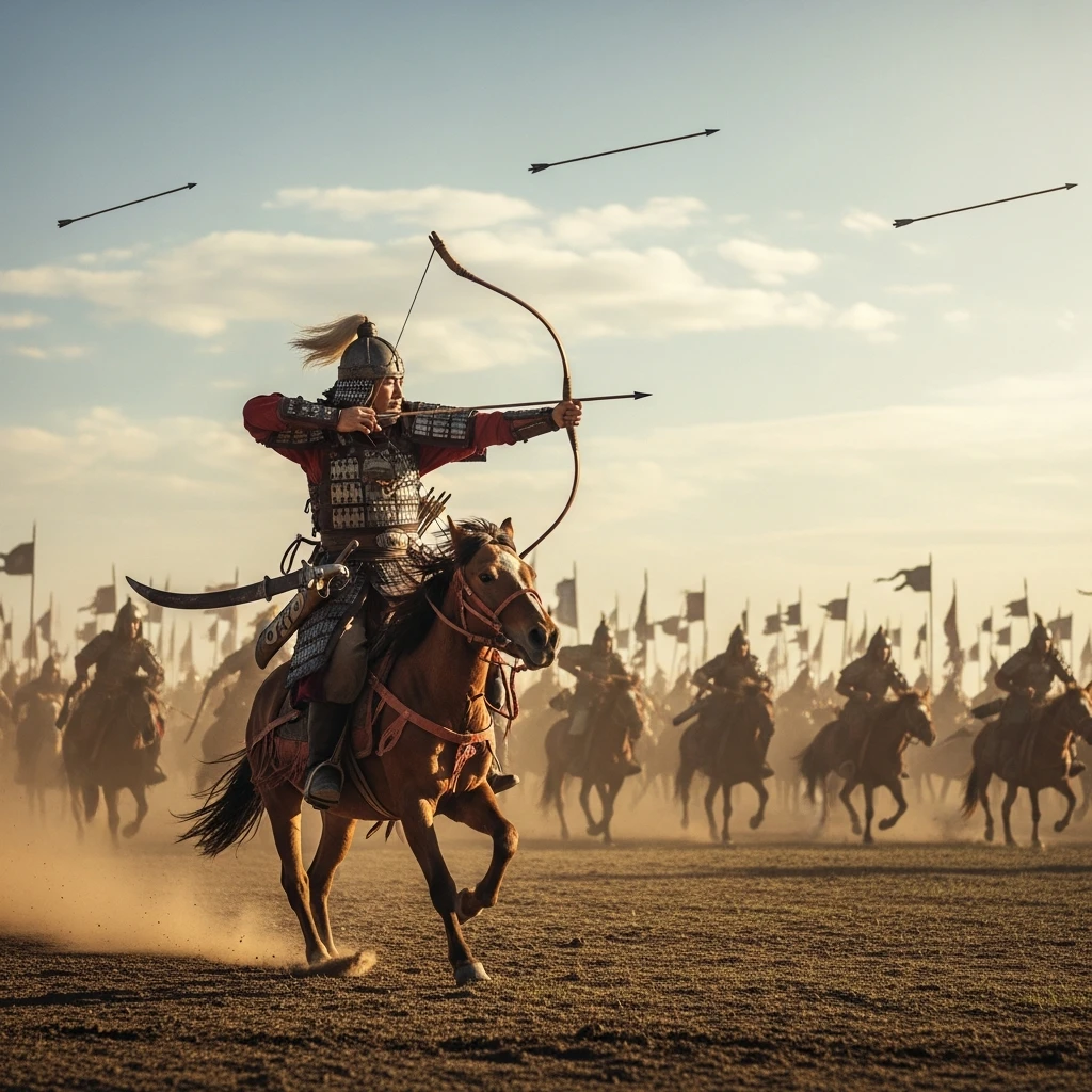 Mongol cavalry charging across the steppe with composite bows