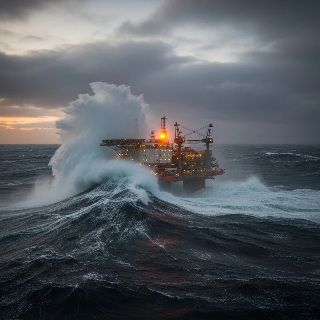 An oil rig in a stormy North Sea at dusk.