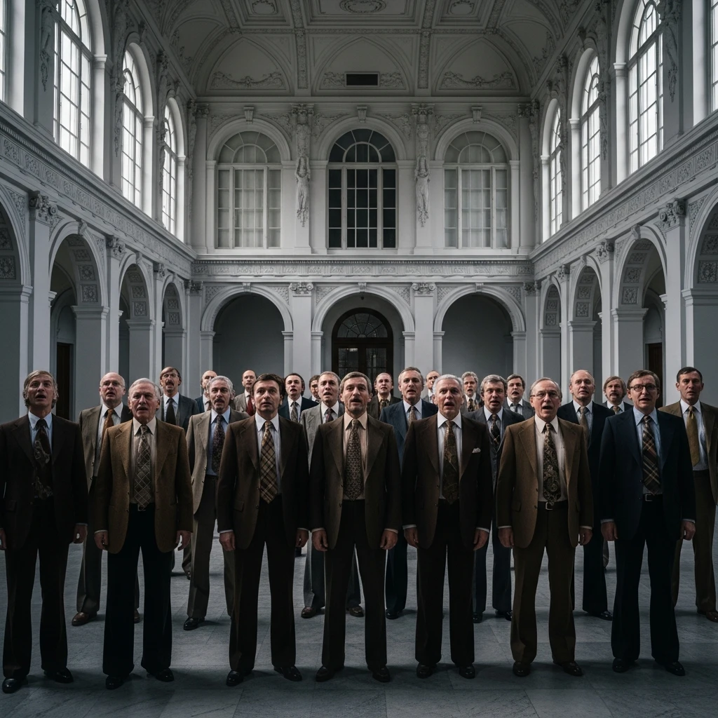 Executives in a grand hall during the 1974 tax negotiations.