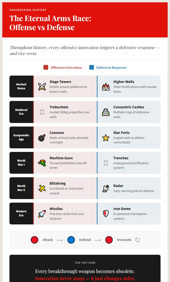 Offensive vs Defensive Engineering timeline from Ancient Rome to Modern Era
