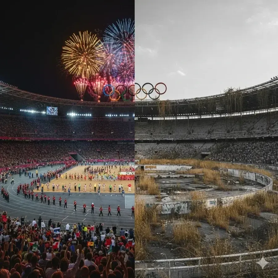 Split visualization contrasting Olympic budget promises with financial reality