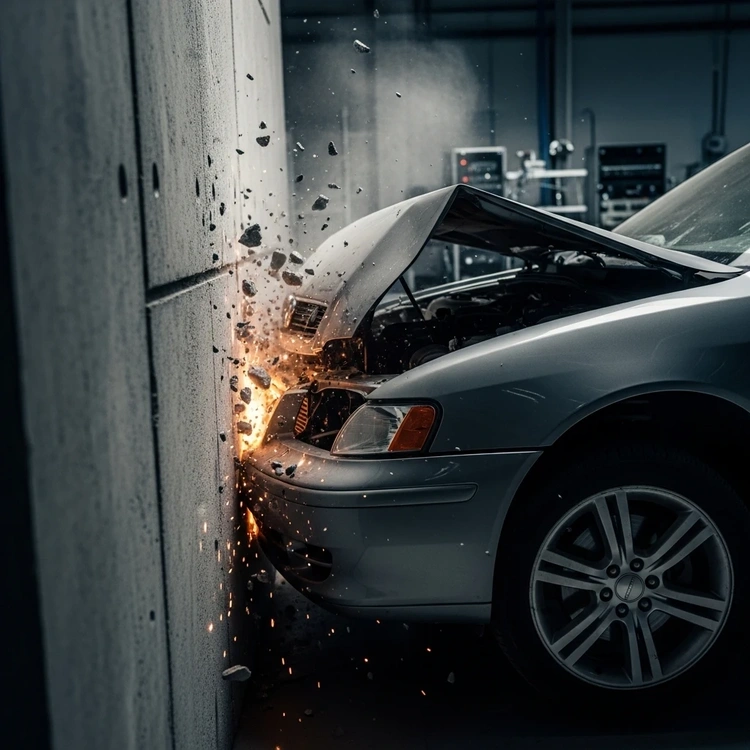 A car undergoing a high-speed frontal crash test against a wall.