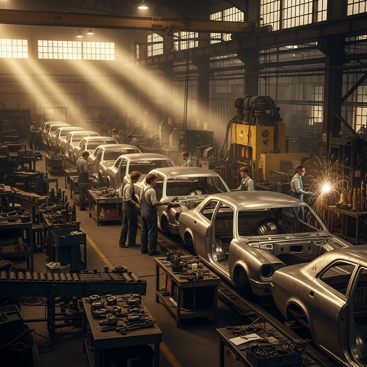 A large 1970s automotive assembly line with workers.