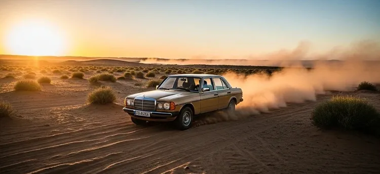 A Mercedes W123 driving through a wide desert landscape.