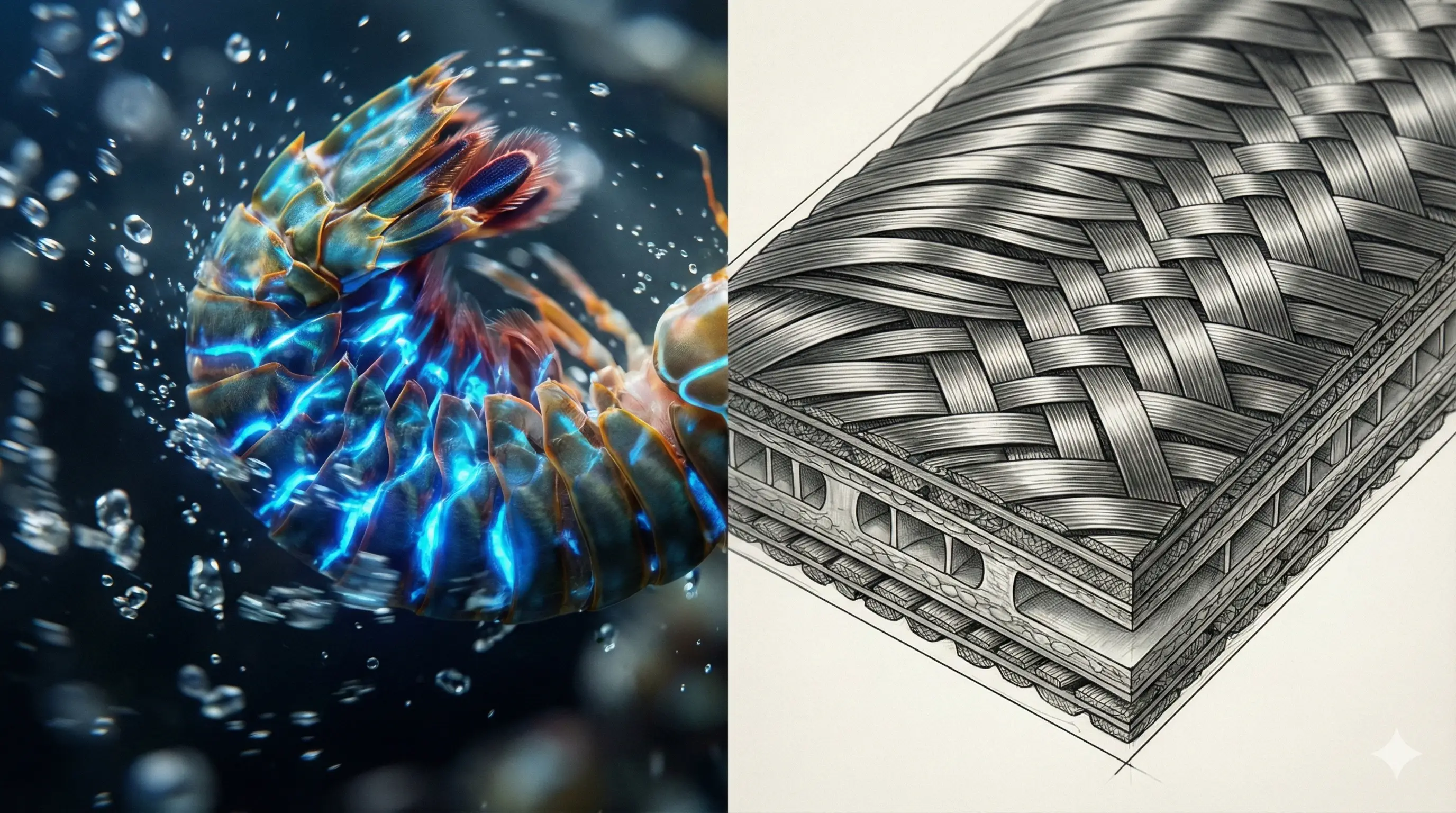 Cross-section visualization comparing complex helicoidal (Bouligand) fiber structure next to a simple cross-ply laminate, illustrating bio-inspired material design.