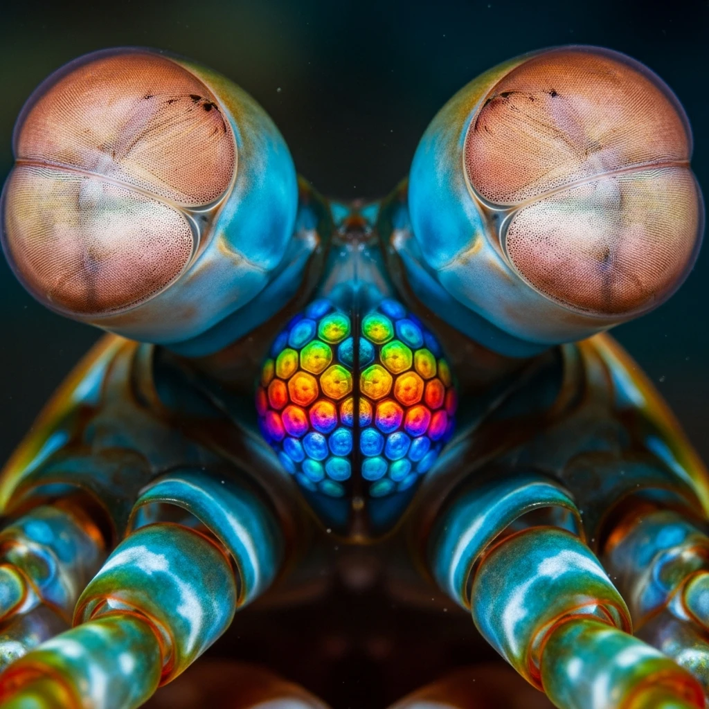 Highly detailed view of a mantis shrimp's compound eye, showing the intricate, segmented surface and vibrant color reflections.