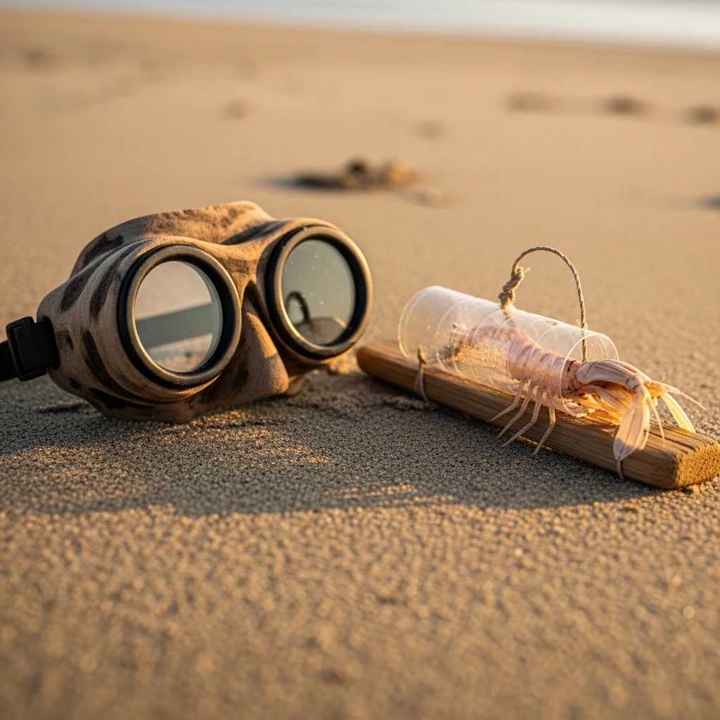 Handmade wooden diving goggles with glass lenses resting on sand next to a small, low-tech wooden and plastic fishing snare.