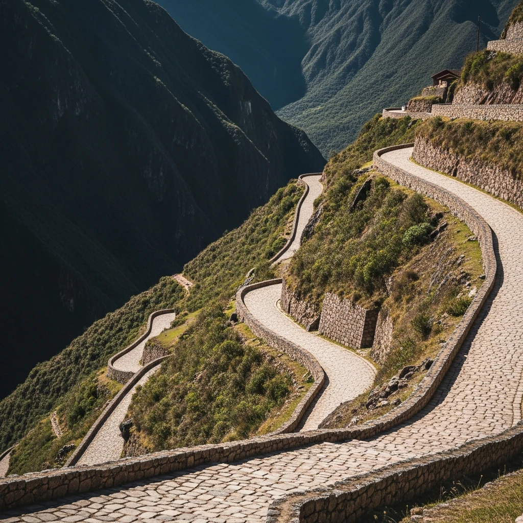 Stone paved Inca highway (Qhapaq Ñan) climbing a steep mountain face with switchback staircases and complex civil engineering.