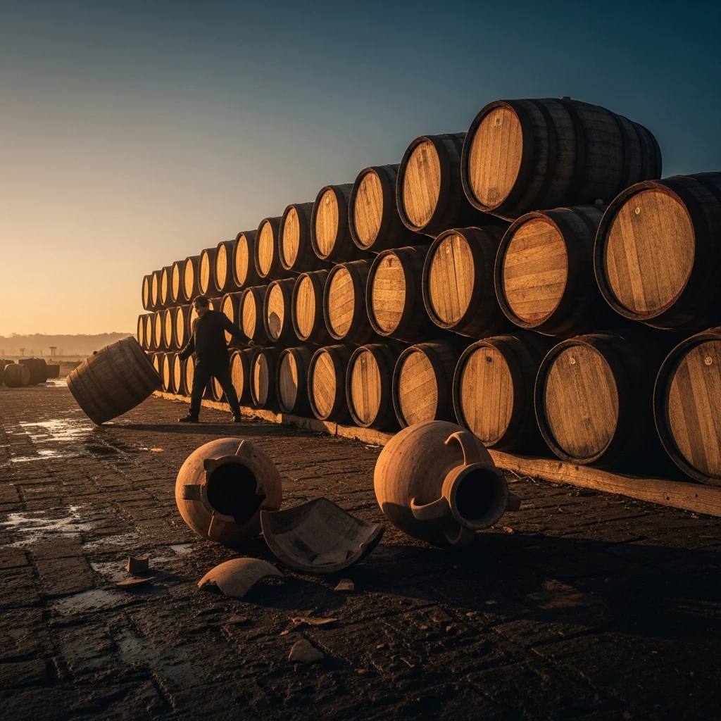 Stacked wooden barrels being rolled along a dock by a single laborer, illustrating the efficiency of the packaging revolution.