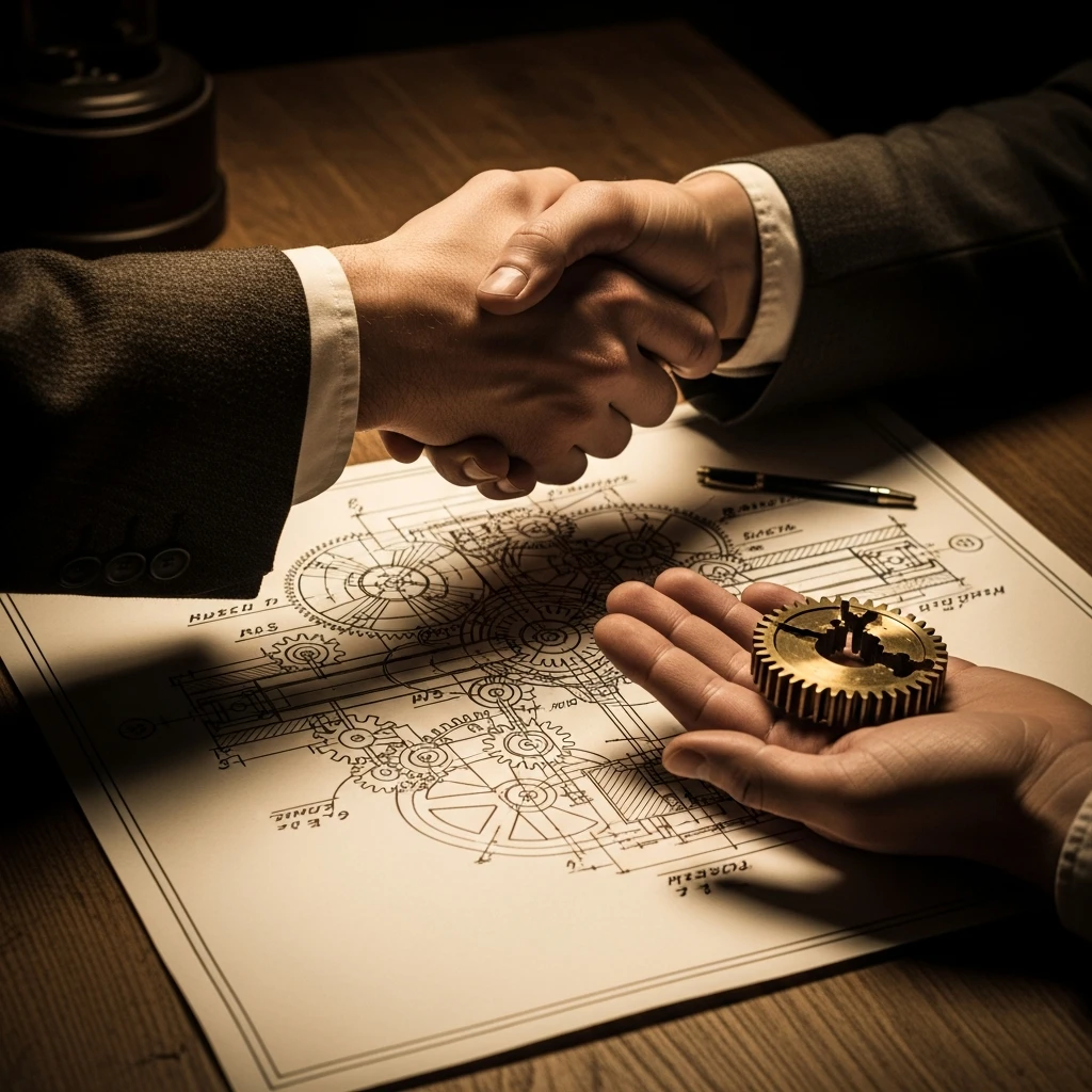 Two figures shaking hands over a technical drawing, one secretly holding a broken product component