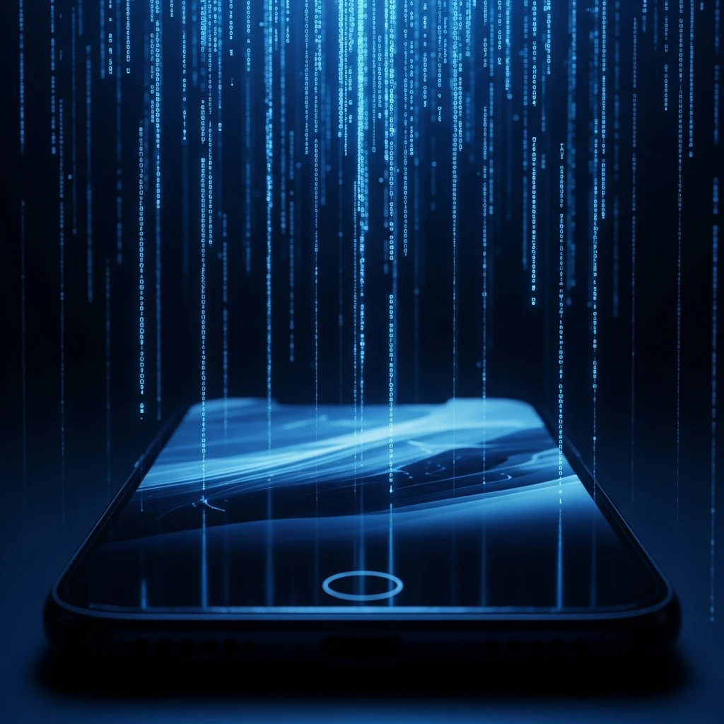 A darkening smartphone screen overlaid with digital binary code representing a software failure