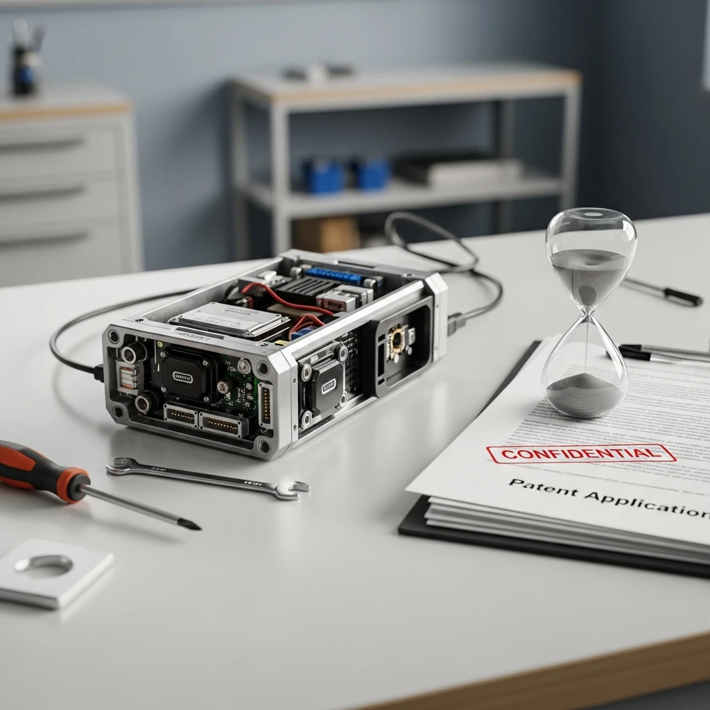 A clean workbench with modular electronic parts being assembled, next to stacked legal documents symbolizing new regulations