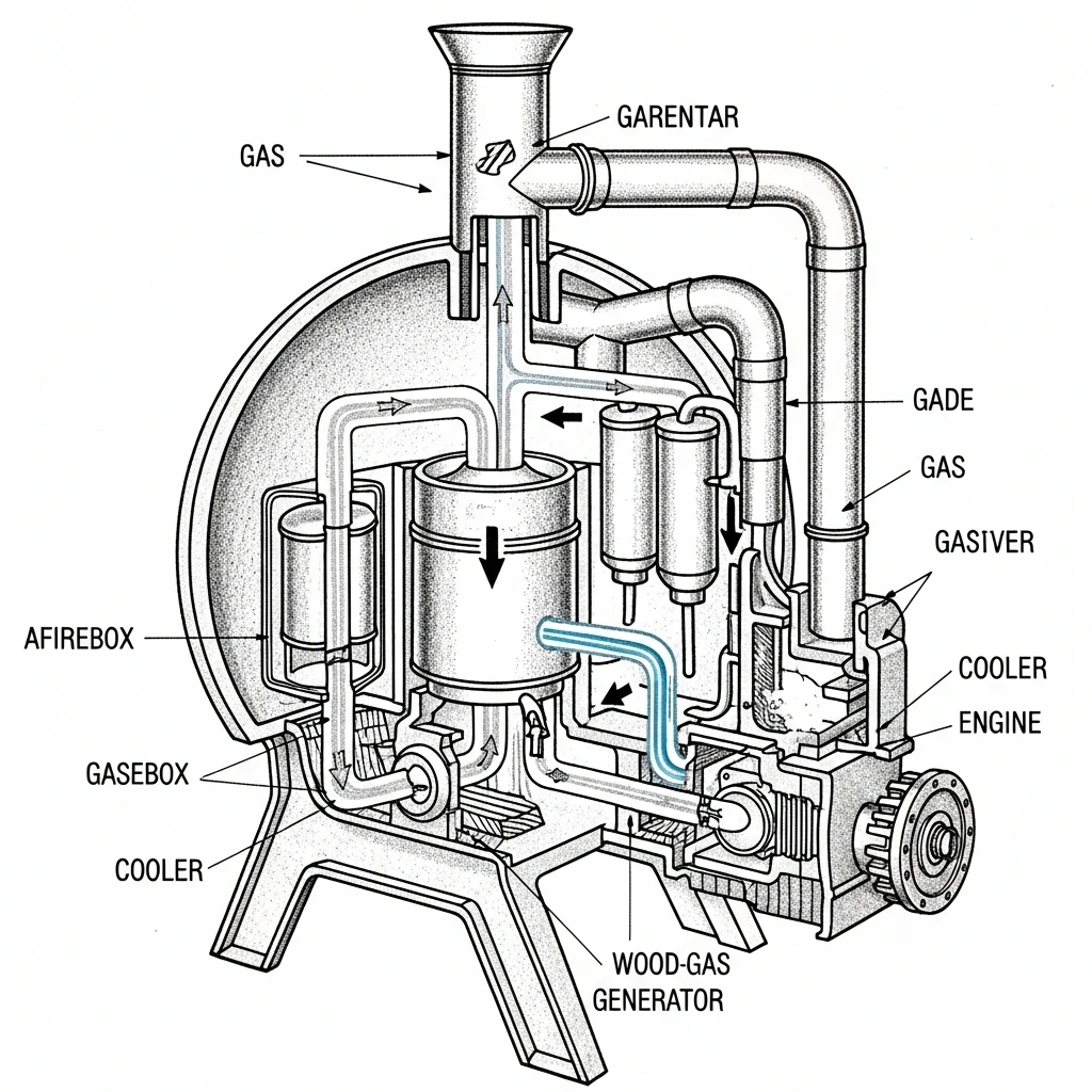 An annotated cross-section diagram of a wood-gas generator system, showing how gas is produced and cleaned.