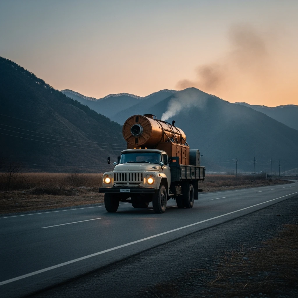 A modified truck with a large metal cylinder on its front, emitting smoke, drives on an empty mountain road at dusk.