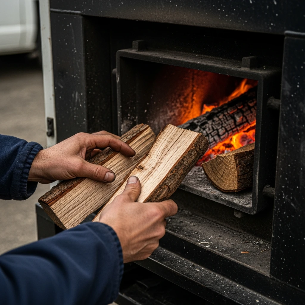 A close-up of hands loading wood into a metal furnace attached to a vehicle.