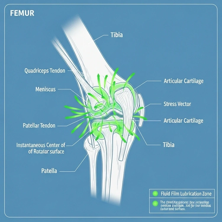 A technical blueprint of a human knee joint represented as a mechanical four-bar linkage.
