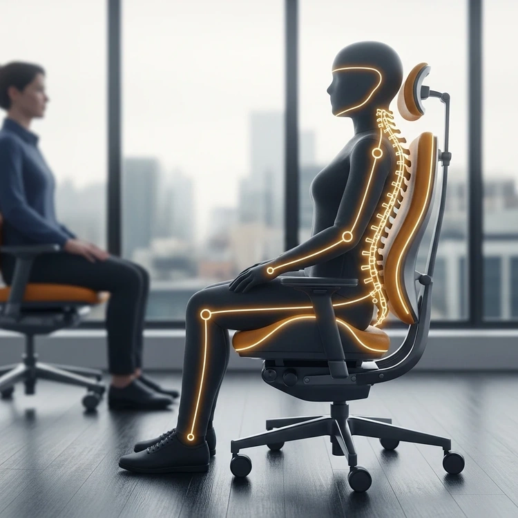 A side-by-side view of a person in a regular chair vs. a person in a custom-molded ergonomic seat.
