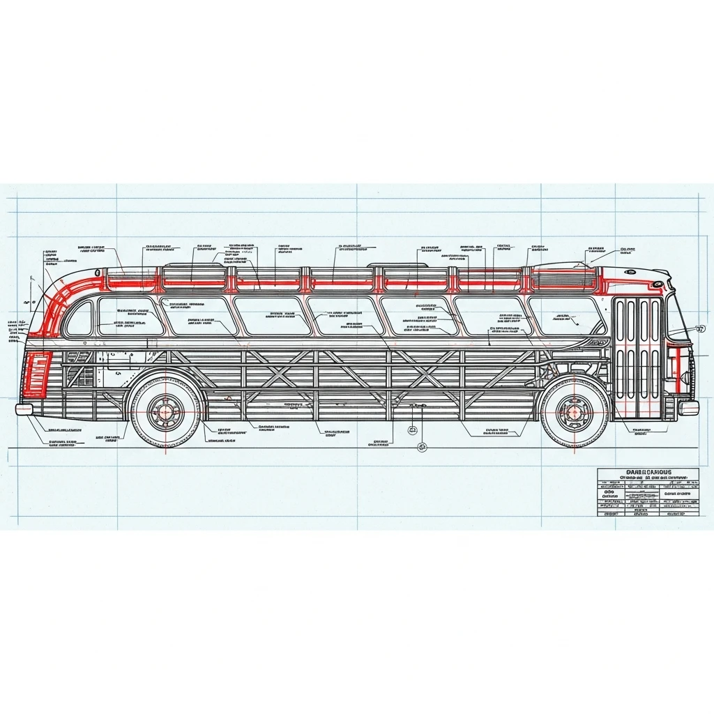 A technical blueprint of a bus showing its internal aluminium structure.