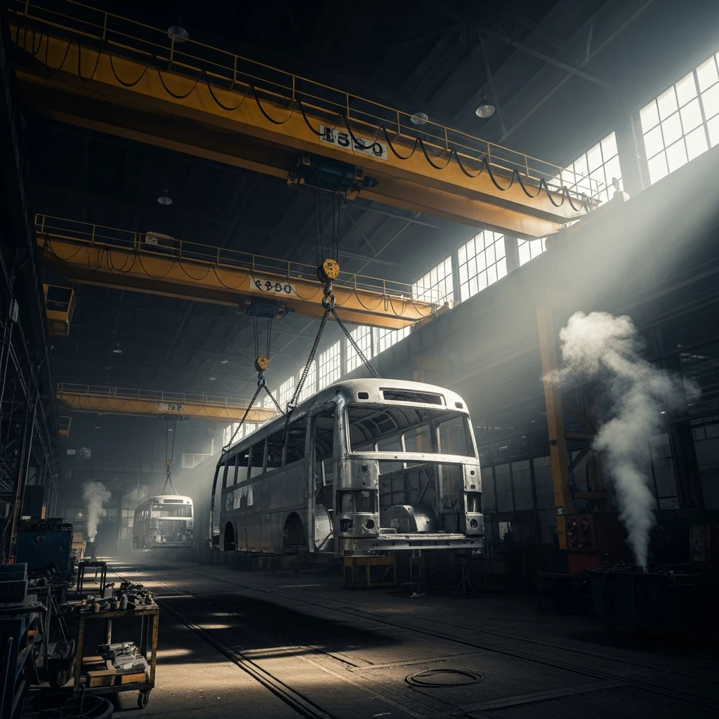 A bus body being lifted by cranes in a large industrial factory.