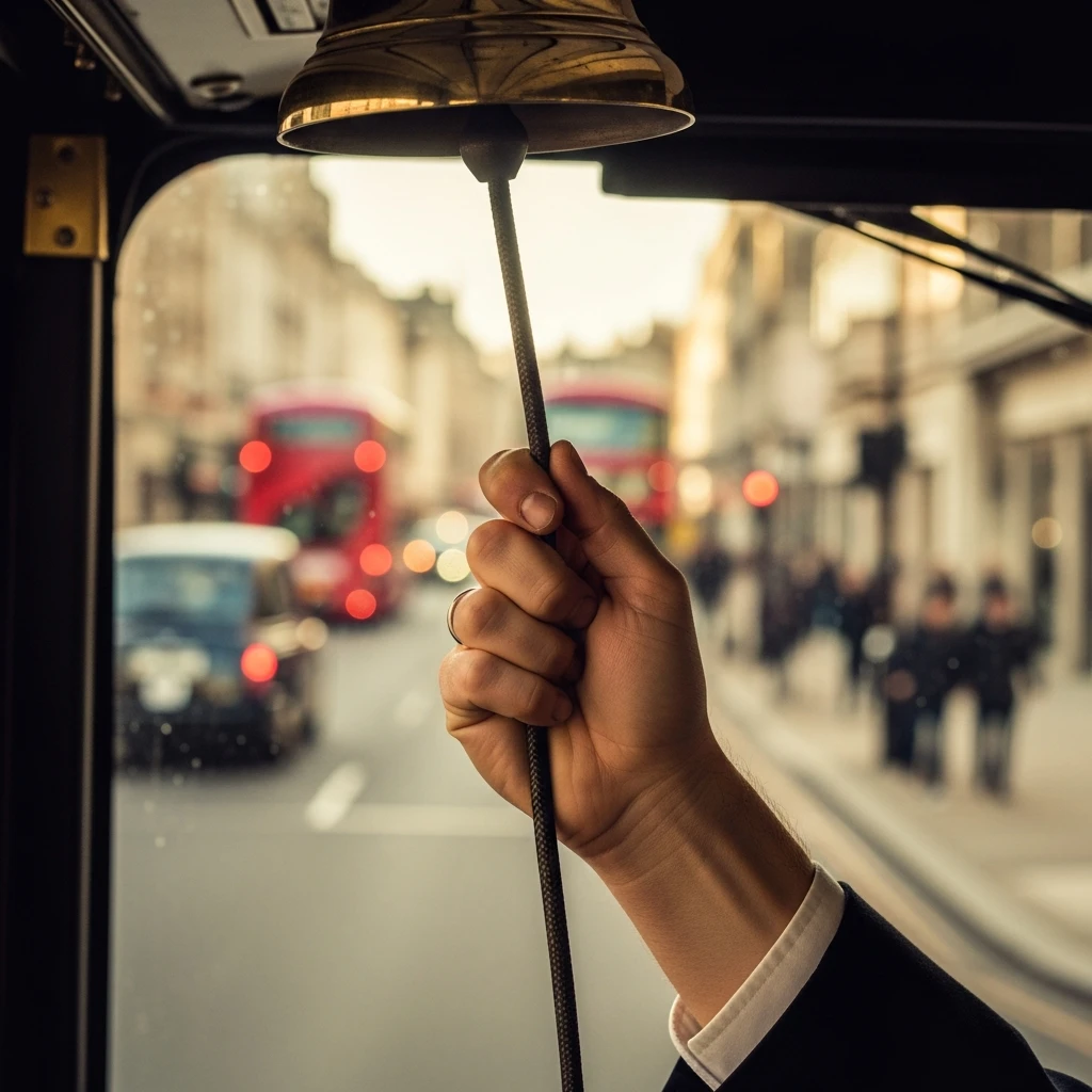 A hand reaching for a bus bell cord on an open platform.