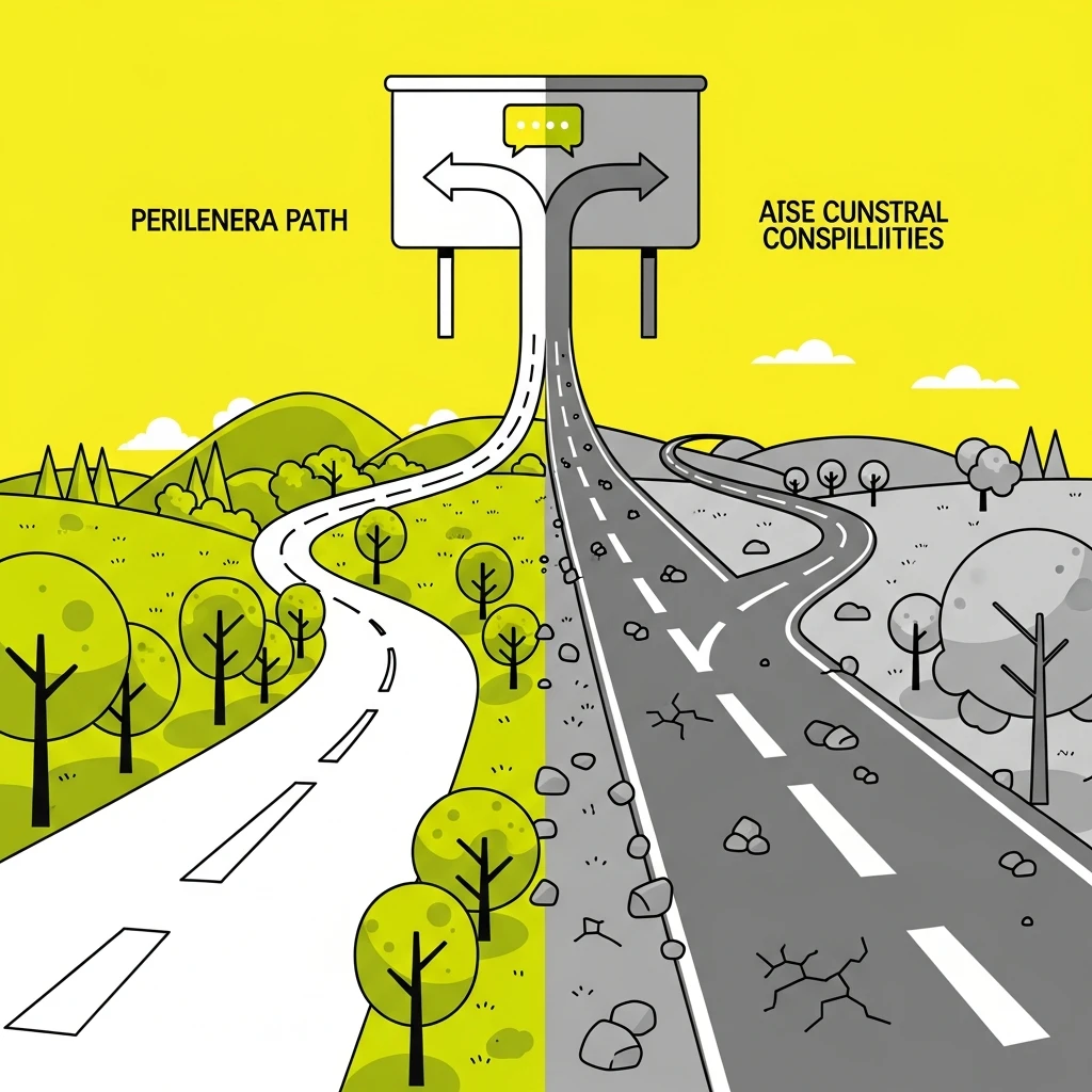 Vector art illustration of two parallel roads diverging from a single message board: one smooth and scenic (peripheral), the other detailed and rigorous (central). Bright, contrasting yellow and grey colors.