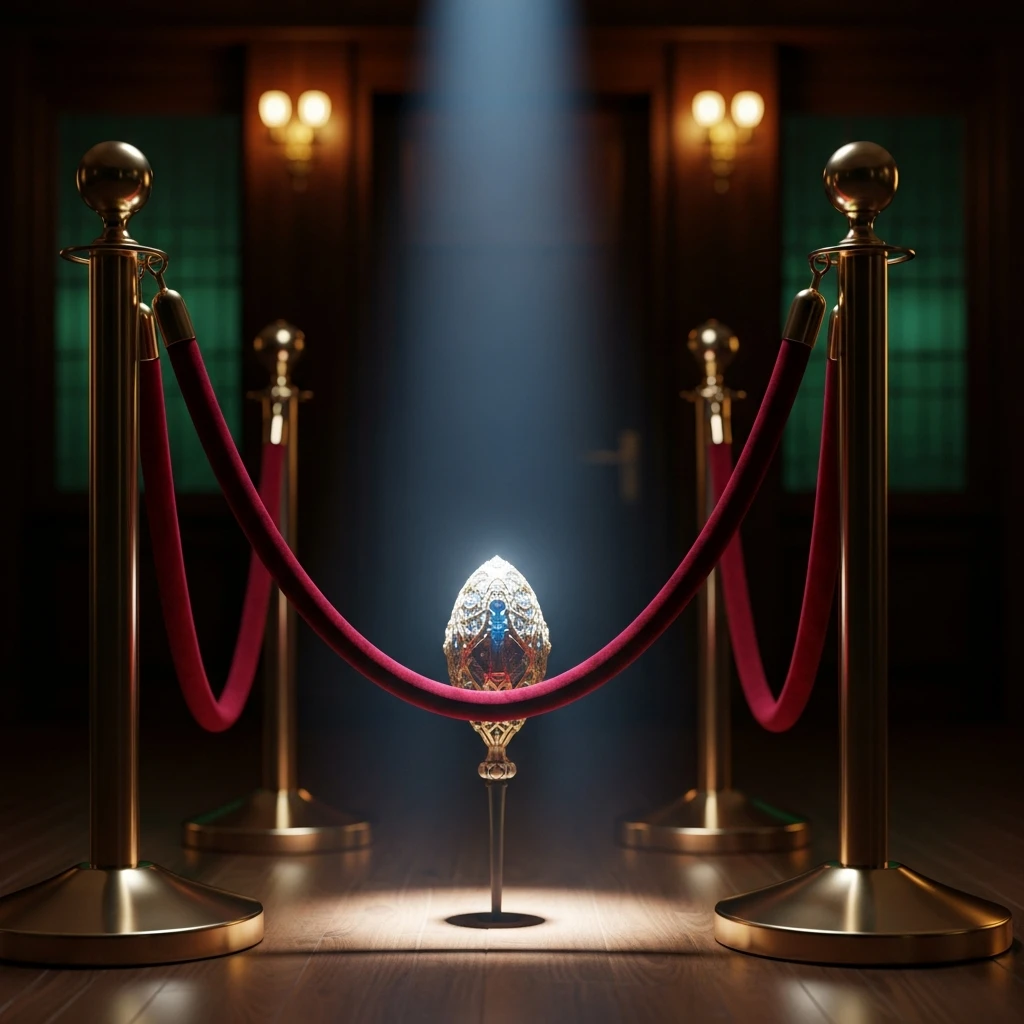 Elegant luxury handbag displayed on a marble pedestal in a dimly lit gallery, with soft spotlighting highlighting the craftsmanship. Rich textures of leather and gold accents, conveying exclusivity and prestige.