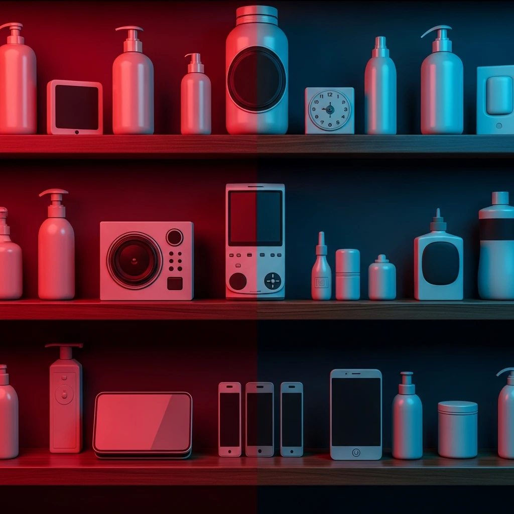 Symbolic image of a consumer holding a product with political symbols or flags, representing ideological consumption. Balanced composition with elements of unity and division.