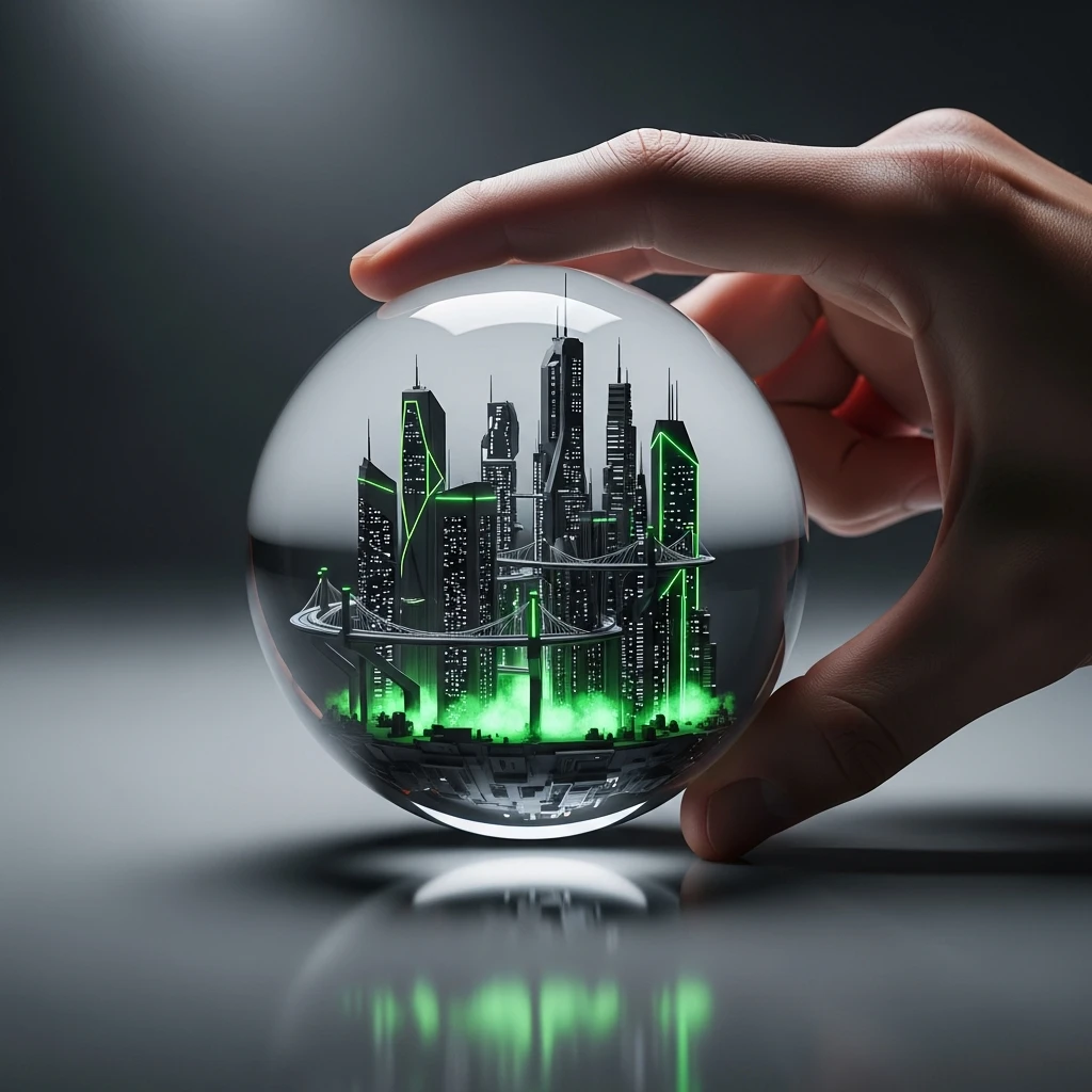 Futuristic landscape with elements of sustainability, technology, and consumer evolution. Green elements, digital interfaces, and forward-looking symbols.